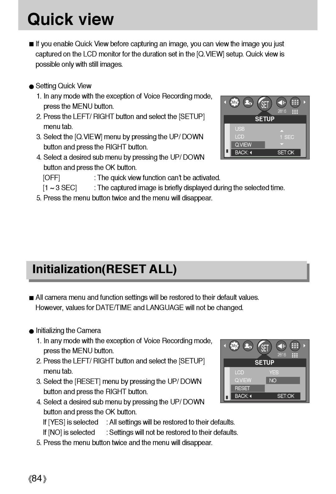 Samsung EC-A6ZZZSAD, EC-A6ZZZSBA/E1, EC-A6ZZZSBB/US manual Quick view, InitializationRESET ALL, ~ 3 SEC, If no is selected 