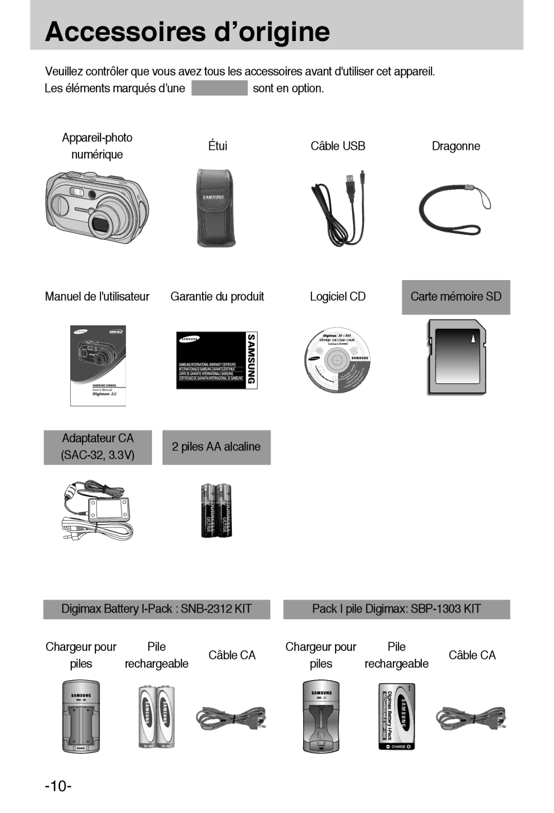 Samsung EC-A6ZZZSBA/E1 manual Accessoires d’origine, Étui Câble USB, Pack I pile Digimax SBP-1303 KIT, Pile Câble CA 