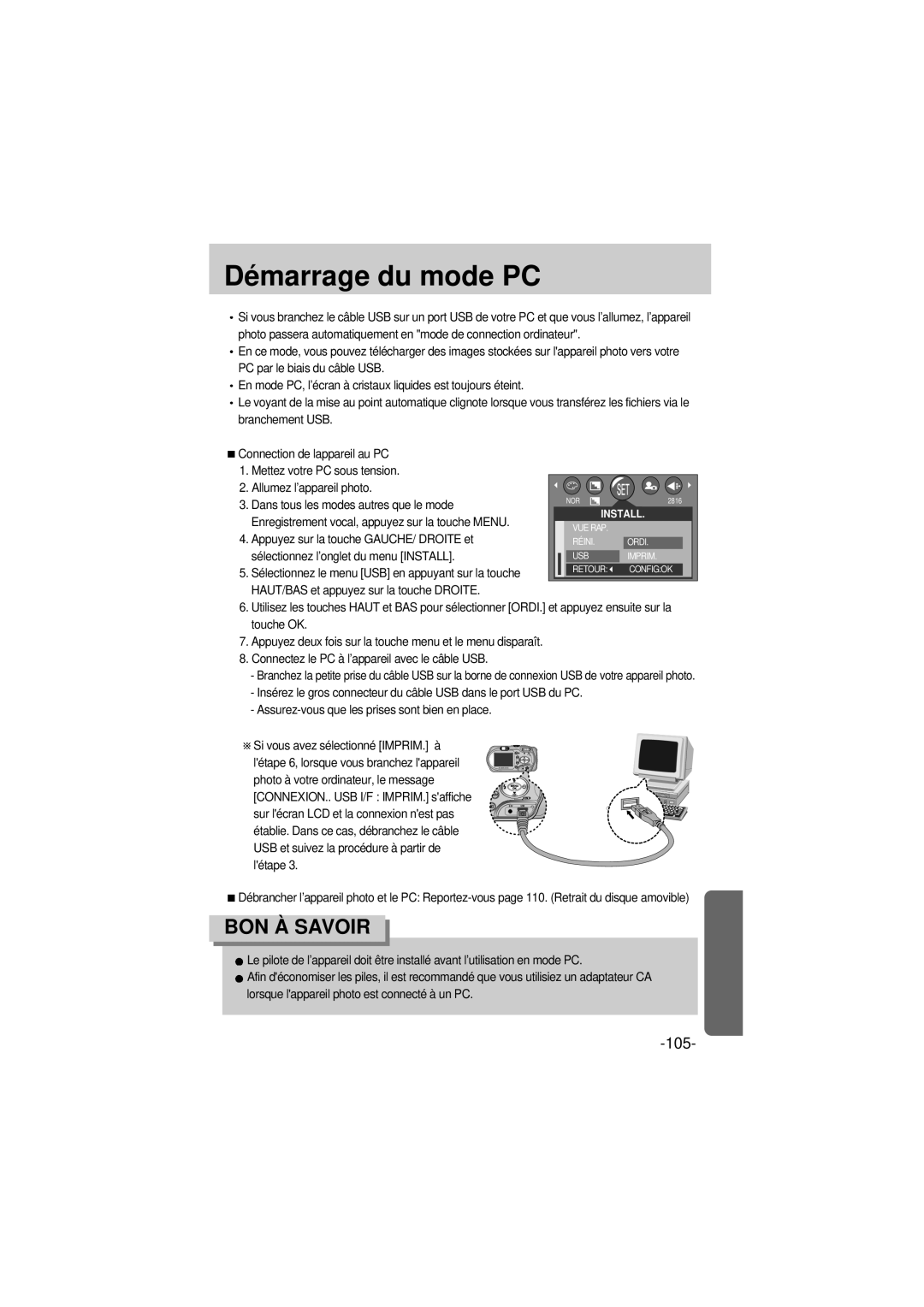 Samsung EC-A6ZZZSBA/E1 manual Démarrage du mode PC, Enregistrement vocal, appuyez sur la touche Menu 