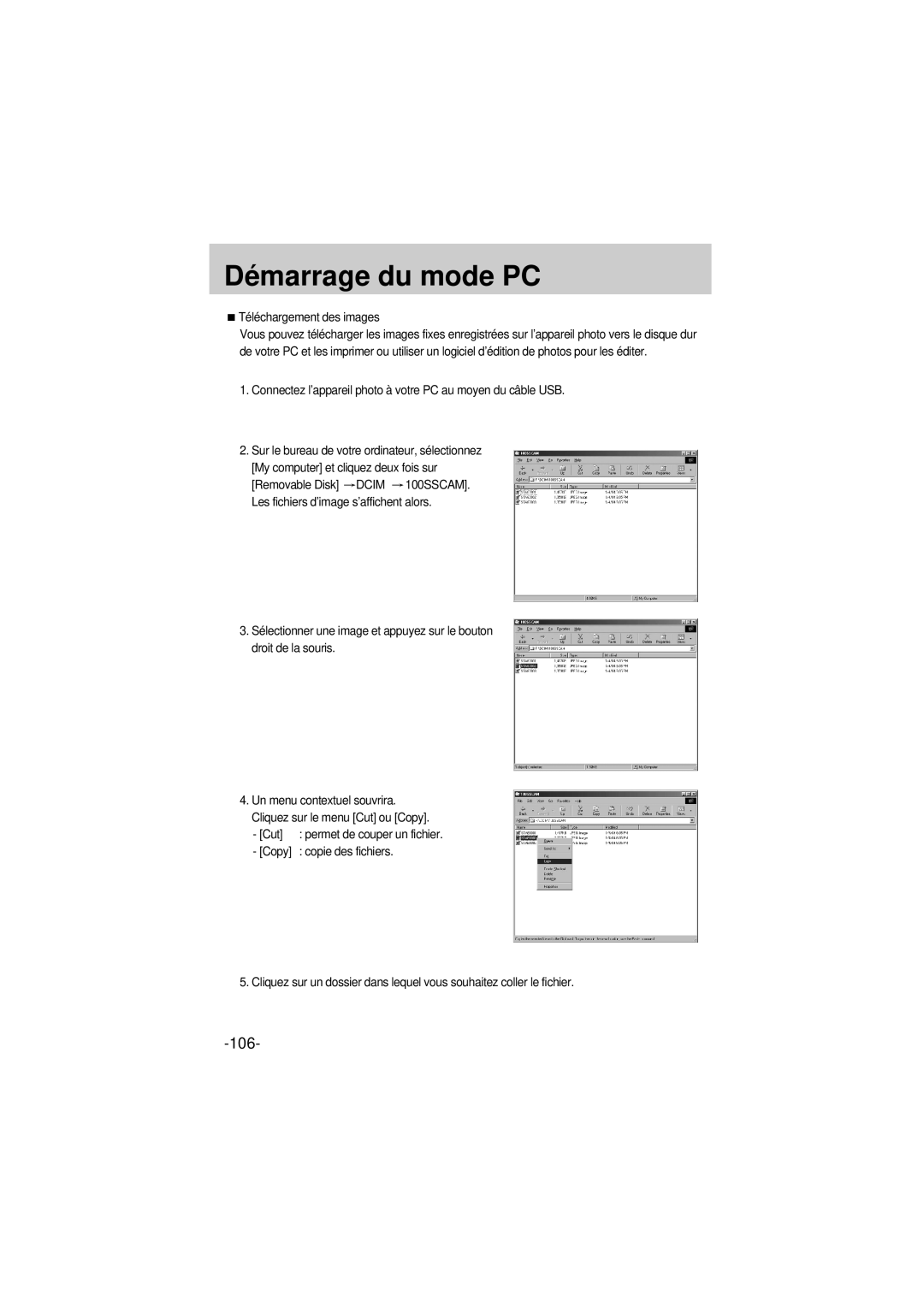 Samsung EC-A6ZZZSBA/E1 manual Téléchargement des images, Connectez l’appareil photo à votre PC au moyen du câble USB, Cut 