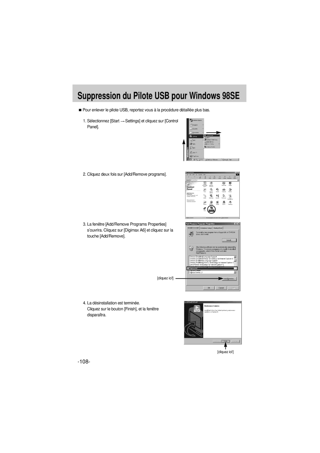 Samsung EC-A6ZZZSBA/E1 manual Suppression du Pilote USB pour Windows 98SE 