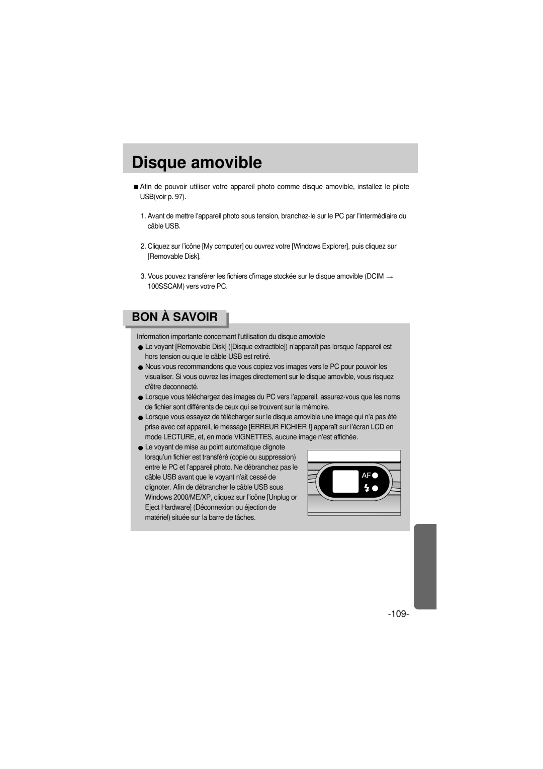 Samsung EC-A6ZZZSBA/E1 manual Disque amovible 