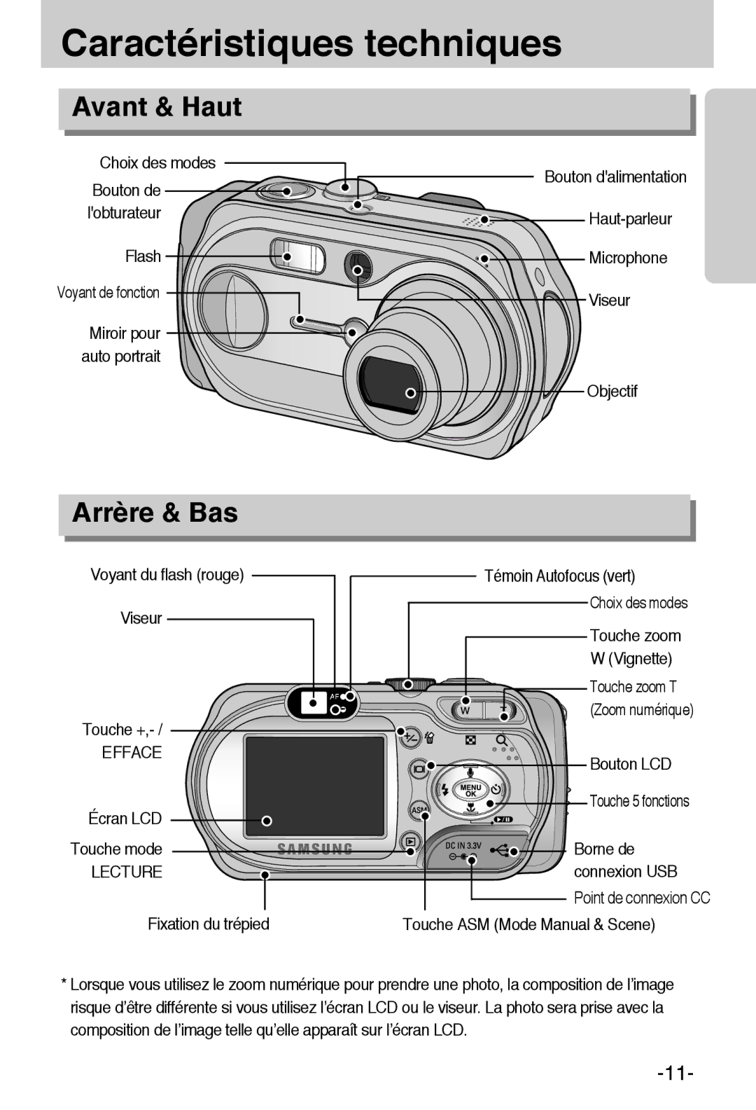 Samsung EC-A6ZZZSBA/E1 manual Caractéristiques techniques, Avant & Haut, Arrère & Bas, Efface, Lecture 