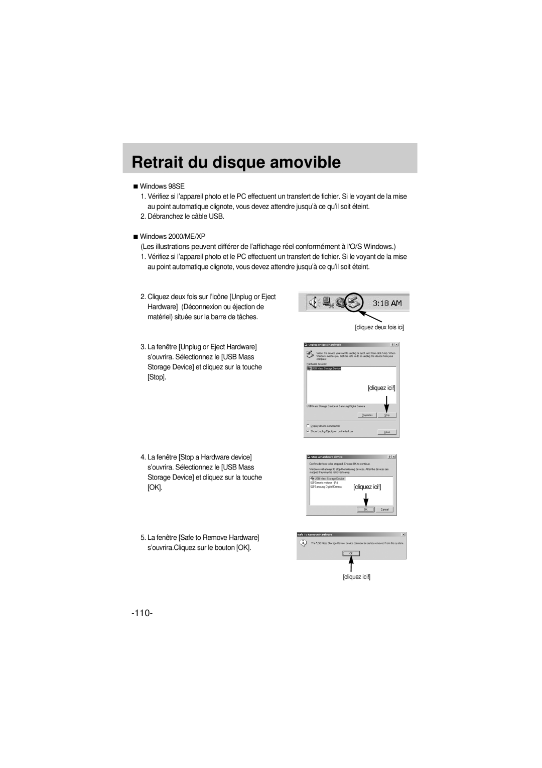 Samsung EC-A6ZZZSBA/E1 manual Retrait du disque amovible, Windows 98SE 