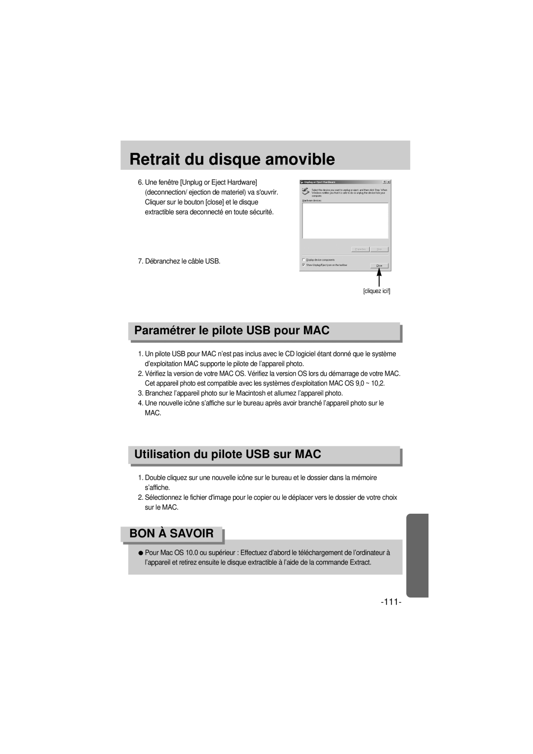 Samsung EC-A6ZZZSBA/E1 manual Paramétrer le pilote USB pour MAC, Utilisation du pilote USB sur MAC, Débranchez le câble USB 