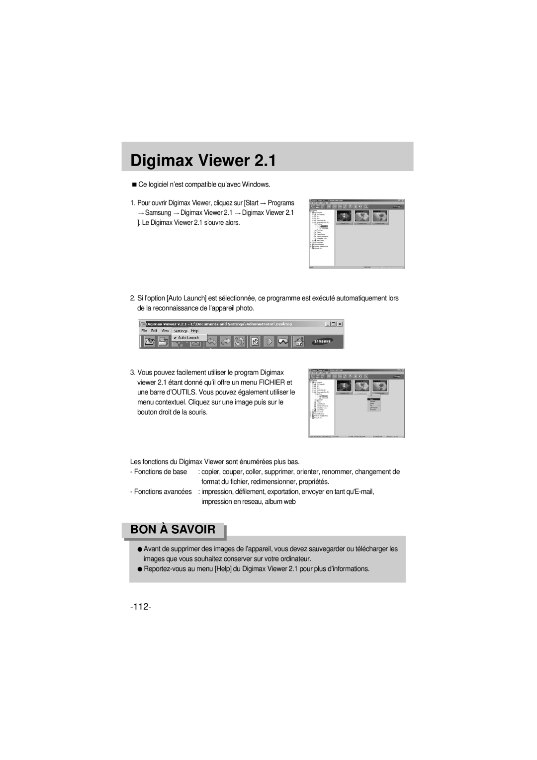 Samsung EC-A6ZZZSBA/E1 Digimax Viewer, Format du fichier, redimensionner, propriétés, Impression en reseau, album web 