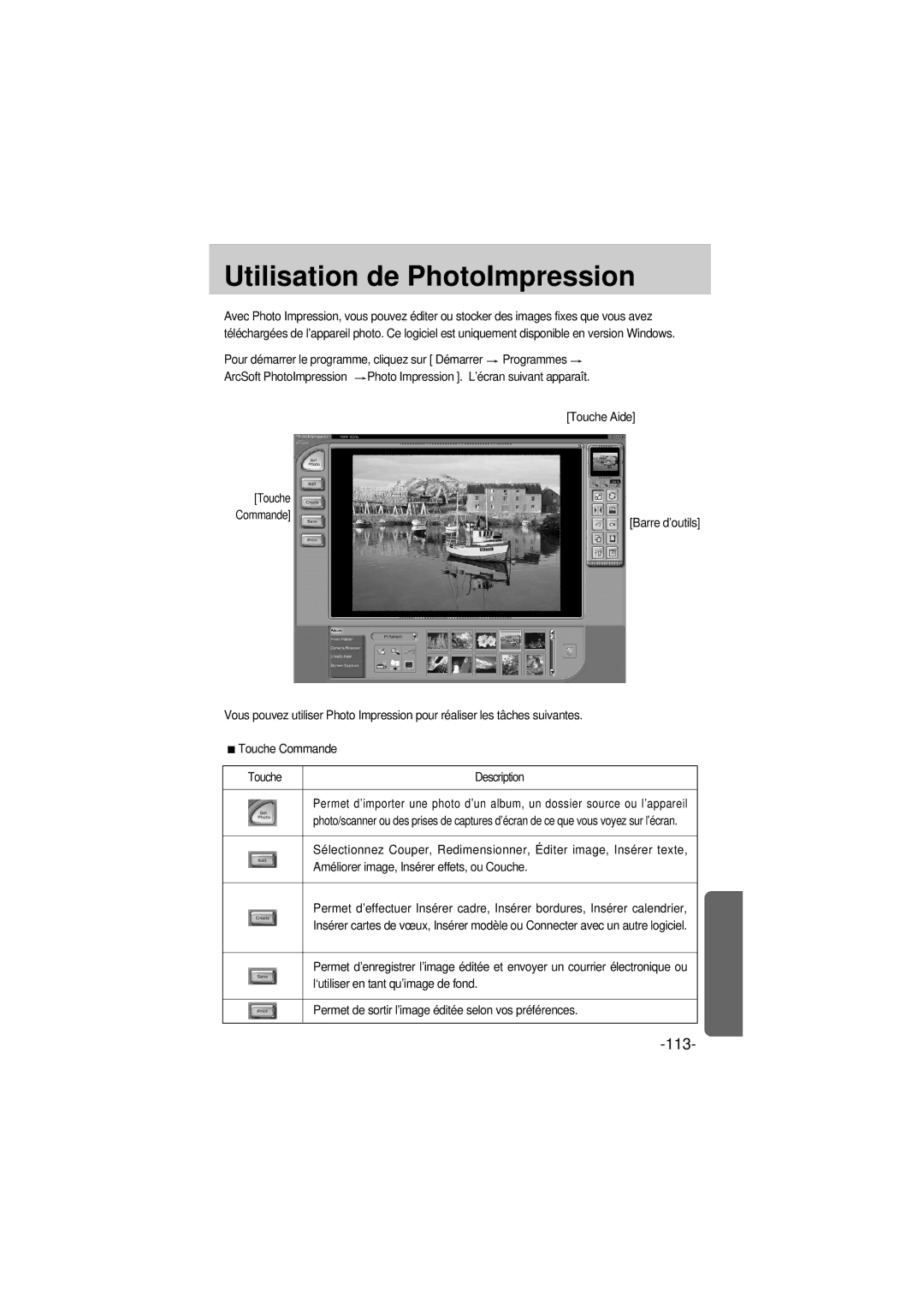 Samsung EC-A6ZZZSBA/E1 manual Utilisation de PhotoImpression 