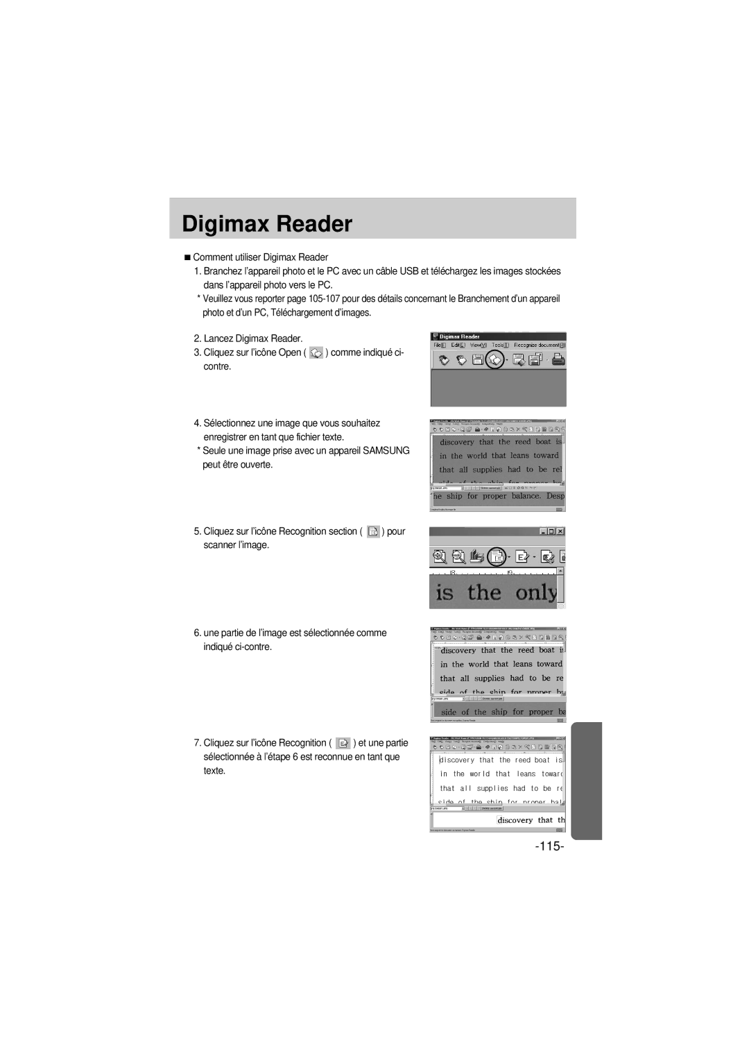 Samsung EC-A6ZZZSBA/E1 manual Digimax Reader, Texte 