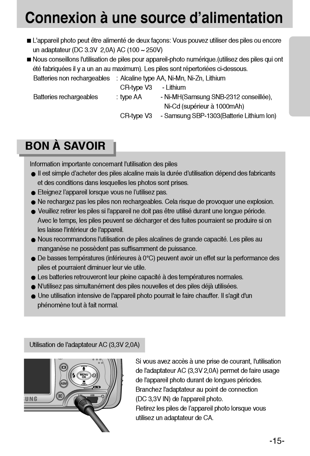 Samsung EC-A6ZZZSBA/E1 manual Alcaline type AA, Ni-Mn, Ni-Zn, Lithium, CR-type Lithium Batteries rechargeables Type AA 