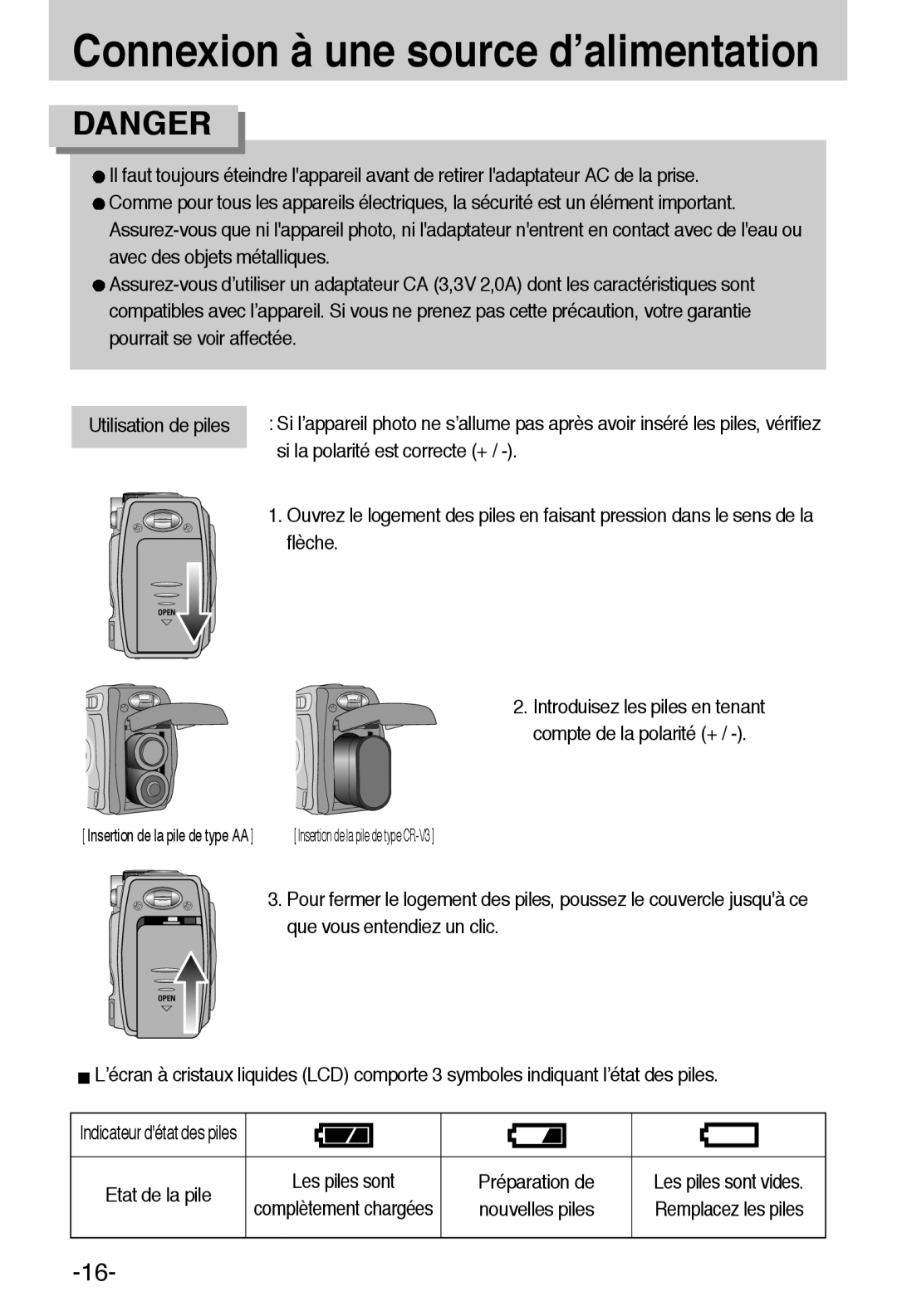 Samsung EC-A6ZZZSBA/E1 manual Si la polarité est correcte +, Flèche, Préparation de, Nouvelles piles 