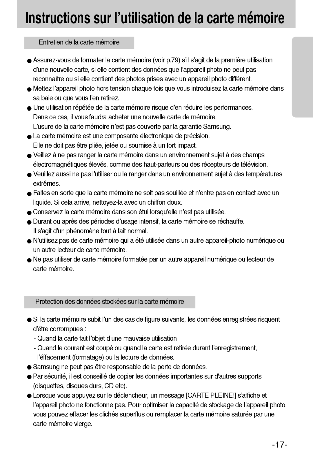 Samsung EC-A6ZZZSBA/E1 manual Instructions sur l’utilisation de la carte mémoire, Entretien de la carte mémoire 