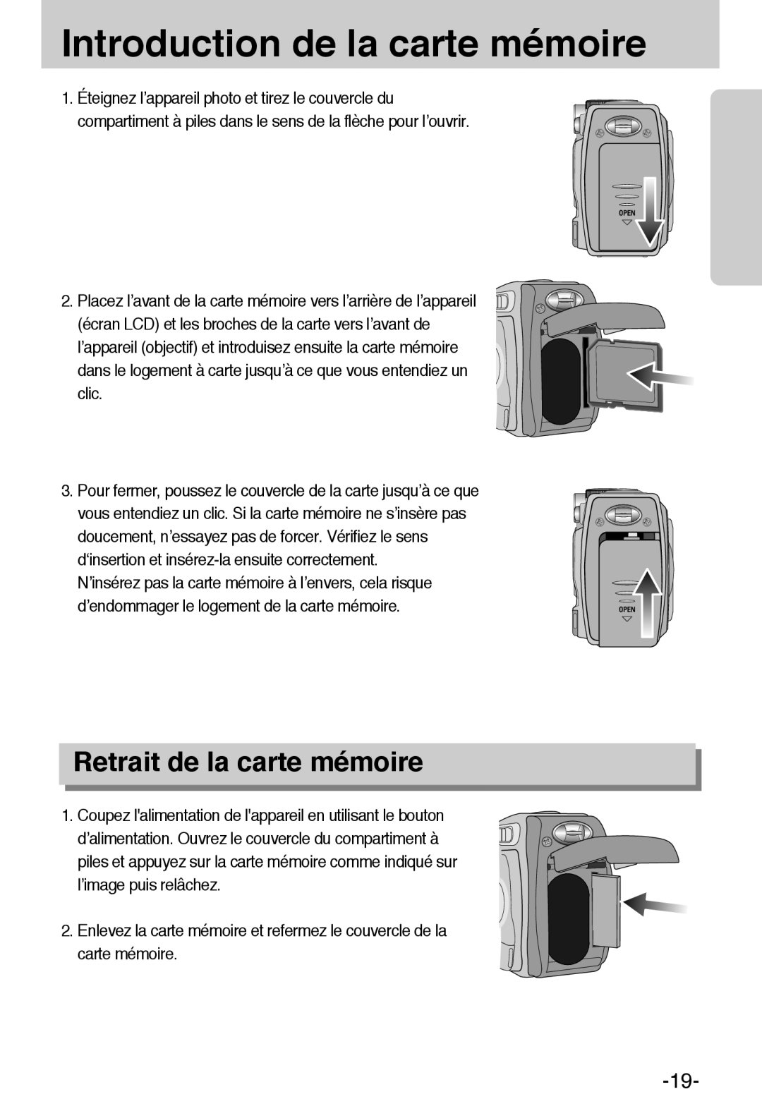 Samsung EC-A6ZZZSBA/E1 manual Introduction de la carte mémoire, Retrait de la carte mémoire 