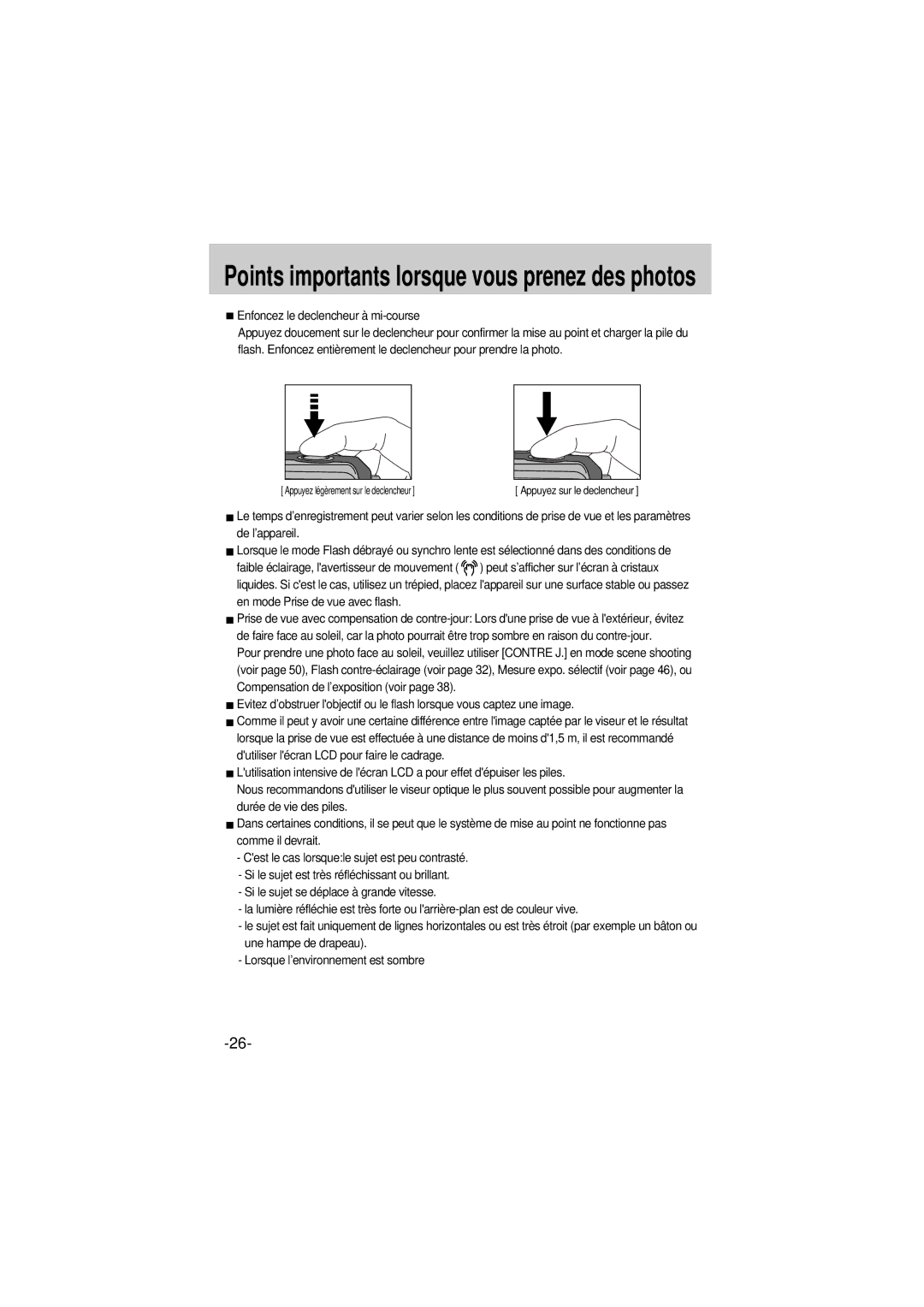 Samsung EC-A6ZZZSBA/E1 manual Points importants lorsque vous prenez des photos, Enfoncez le declencheur à mi-course 