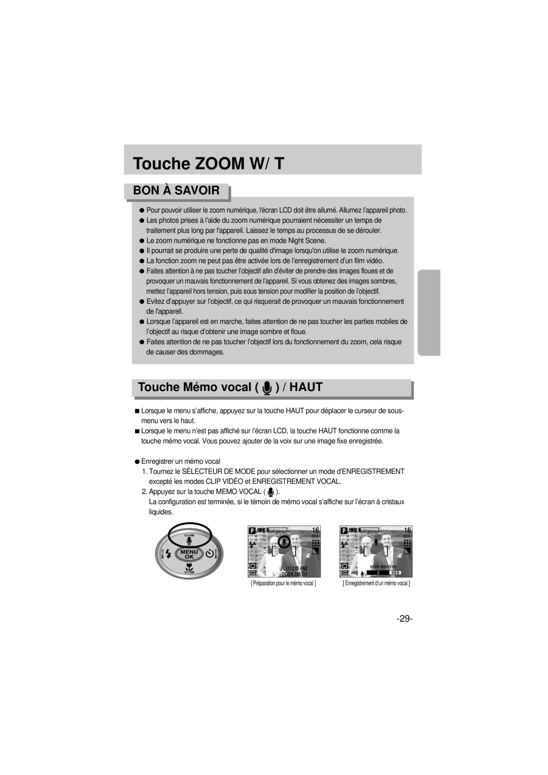 Samsung EC-A6ZZZSBA/E1 manual Touche Mémo vocal / Haut, Enregistrer un mémo vocal 