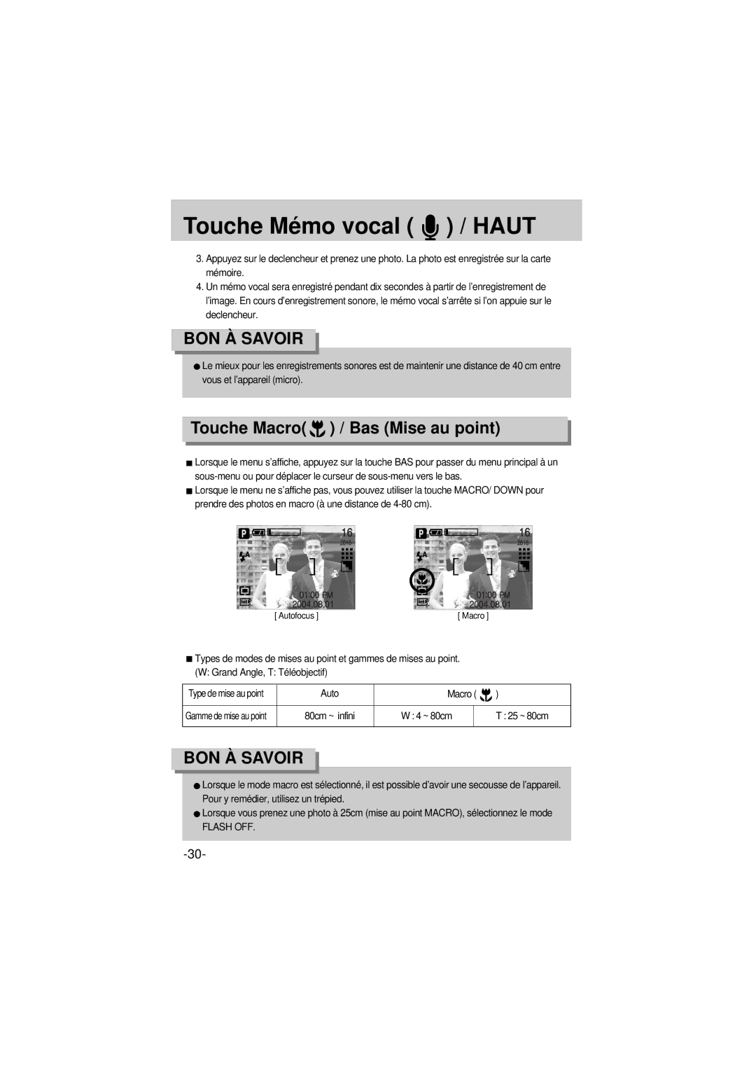 Samsung EC-A6ZZZSBA/E1 manual Touche Mémo vocal / Haut, Touche Macro / Bas Mise au point, Flash OFF 