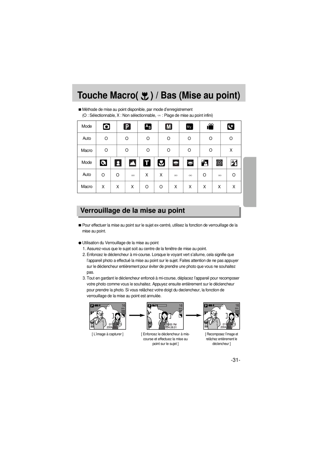 Samsung EC-A6ZZZSBA/E1 manual Touche Macro / Bas Mise au point, Verrouillage de la mise au point 