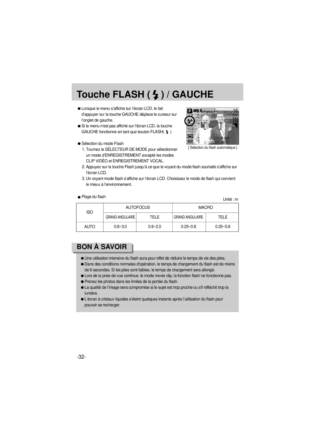 Samsung EC-A6ZZZSBA/E1 manual Touche Flash / Gauche, Sélection du mode Flash, ISO Autofocus Macro, Tele, ~3.0 ~2.0 25~0.8 