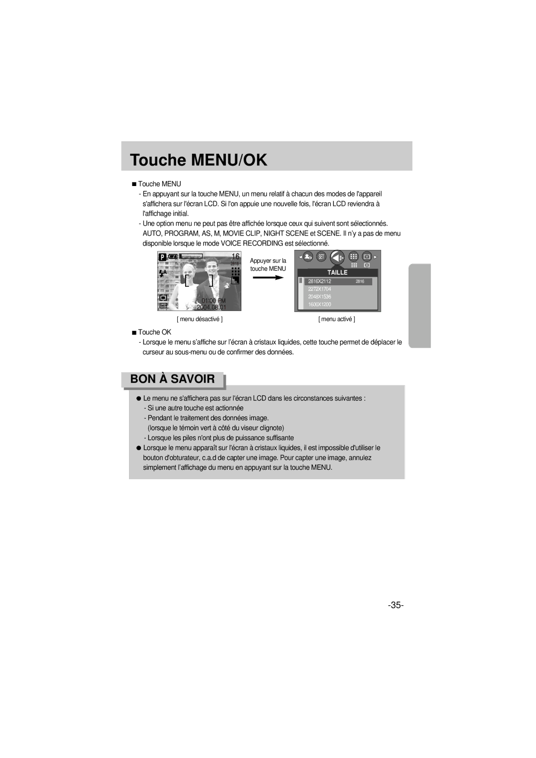 Samsung EC-A6ZZZSBA/E1 manual Touche MENU/OK, Lorsque les piles nont plus de puissance suffisante 