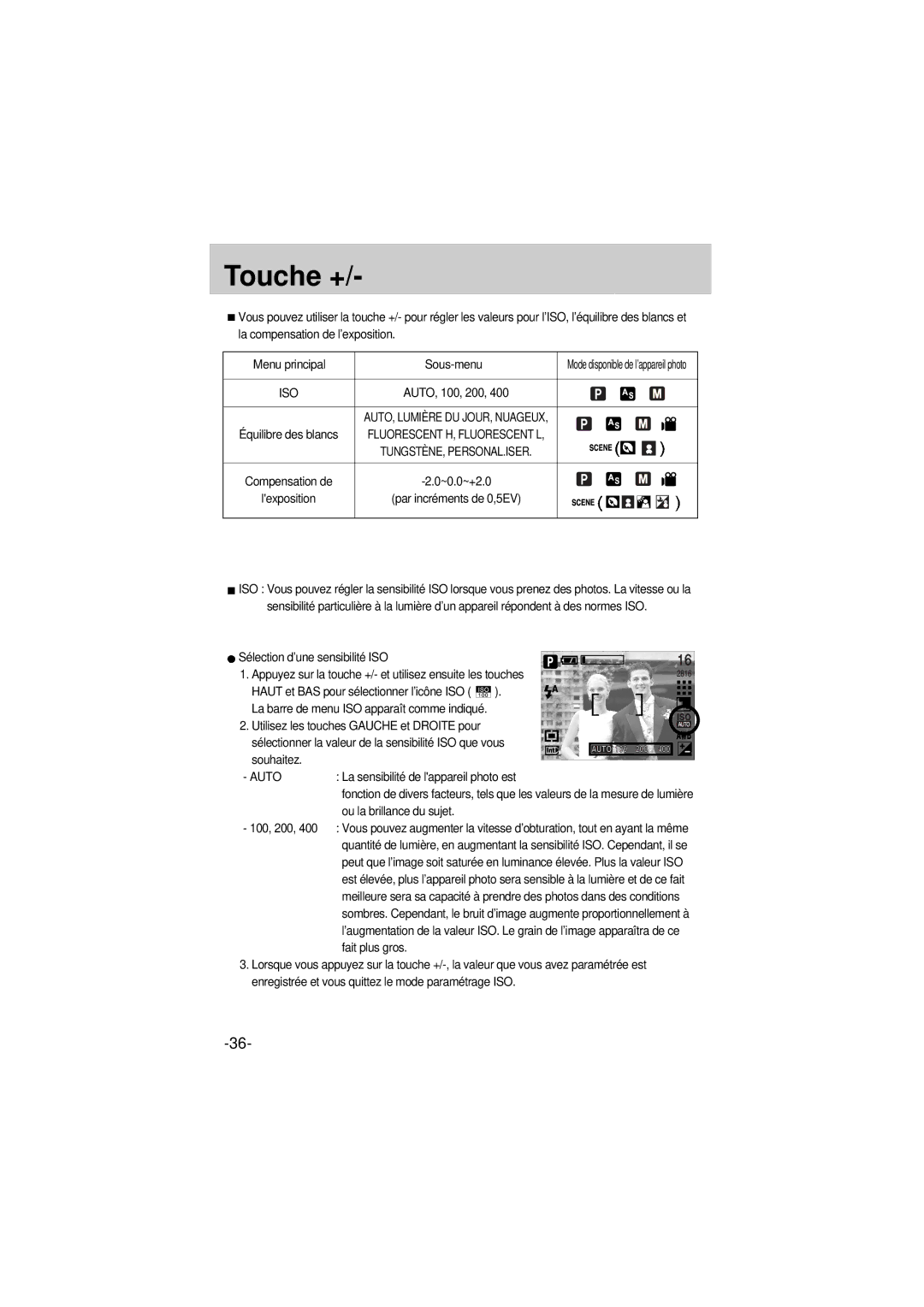 Samsung EC-A6ZZZSBA/E1 manual Touche +, Équilibre des blancs, Lexposition, Souhaitez, Auto 