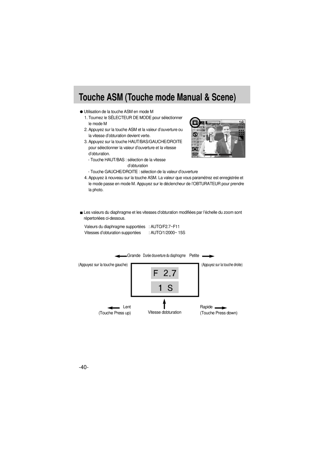 Samsung EC-A6ZZZSBA/E1 manual AUTO/1/2000~ 15S, Lent Rapide, Vitesse dobturation 