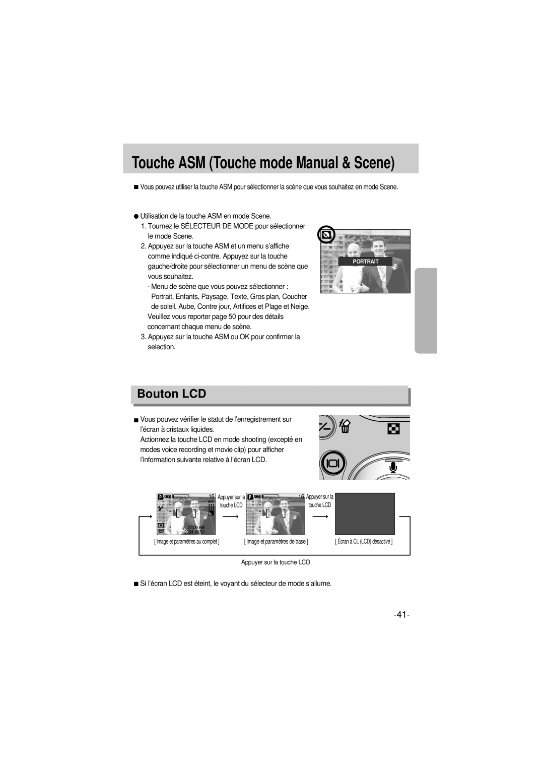 Samsung EC-A6ZZZSBA/E1 manual Bouton LCD, Appuyez sur la touche ASM ou OK pour confirmer la selection 