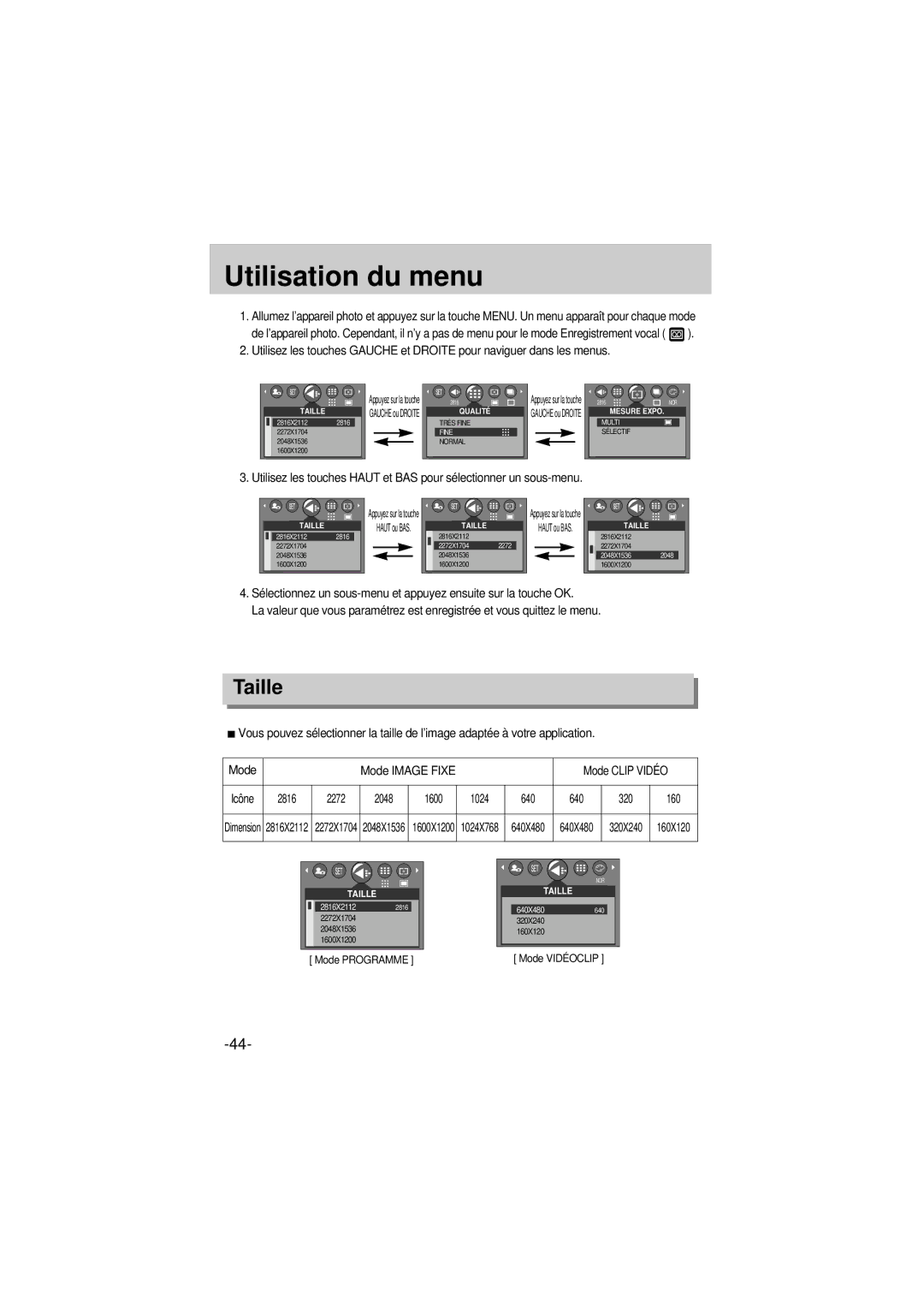 Samsung EC-A6ZZZSBA/E1 manual Utilisation du menu, Taille, 2816 2272 2048 1600 1024 640 320 