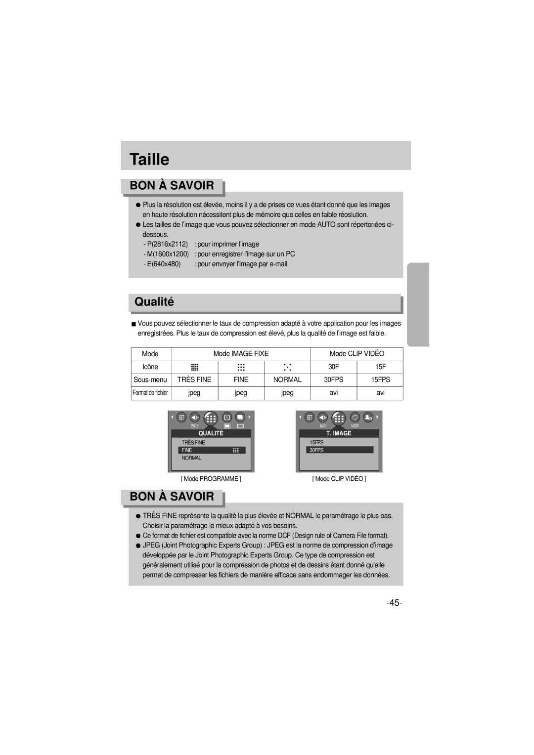 Samsung EC-A6ZZZSBA/E1 manual Taille, Qualité, Fine Normal, Jpeg Avi 