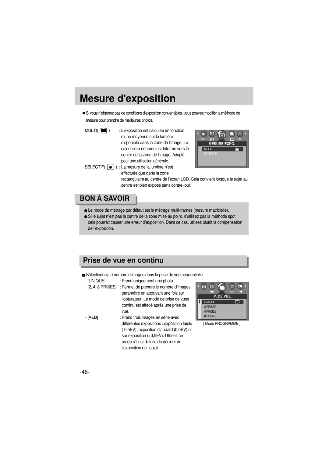 Samsung EC-A6ZZZSBA/E1 manual Mesure dexposition, Prise de vue en continu, Sélectif, Unique 