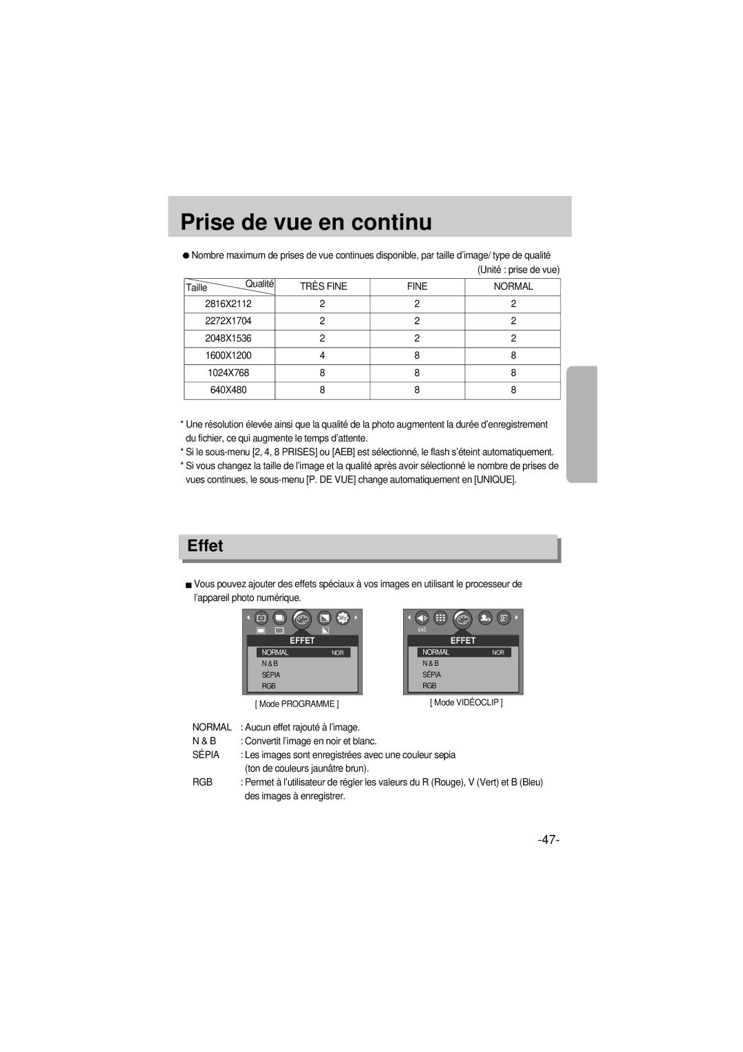 Samsung EC-A6ZZZSBA/E1 manual Prise de vue en continu, Effet, Sépia 