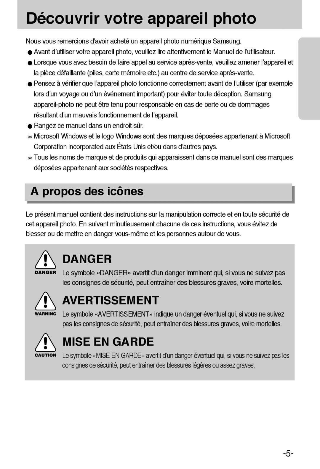 Samsung EC-A6ZZZSBA/E1 manual Découvrir votre appareil photo, Propos des icônes 