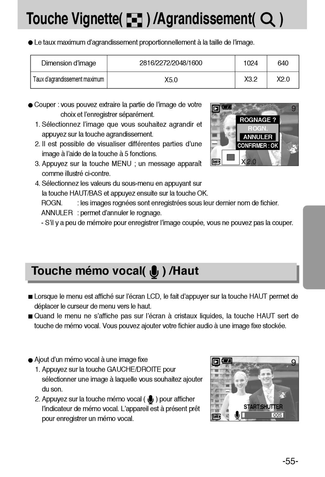 Samsung EC-A6ZZZSBA/E1 Touche mémo vocal /Haut, Rogn, Annuler, Permet d’annuler le rognage, Pour enregistrer un mémo vocal 