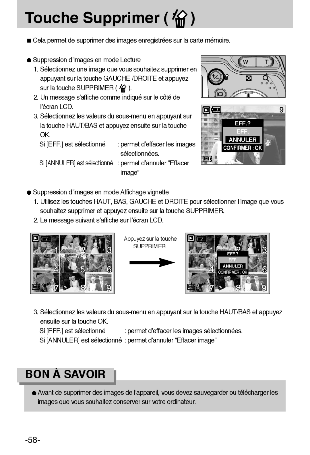 Samsung EC-A6ZZZSBA/E1 manual Touche Supprimer, Sélectionnées, Image 