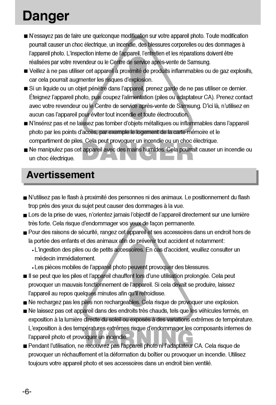 Samsung EC-A6ZZZSBA/E1 manual Avertissement 