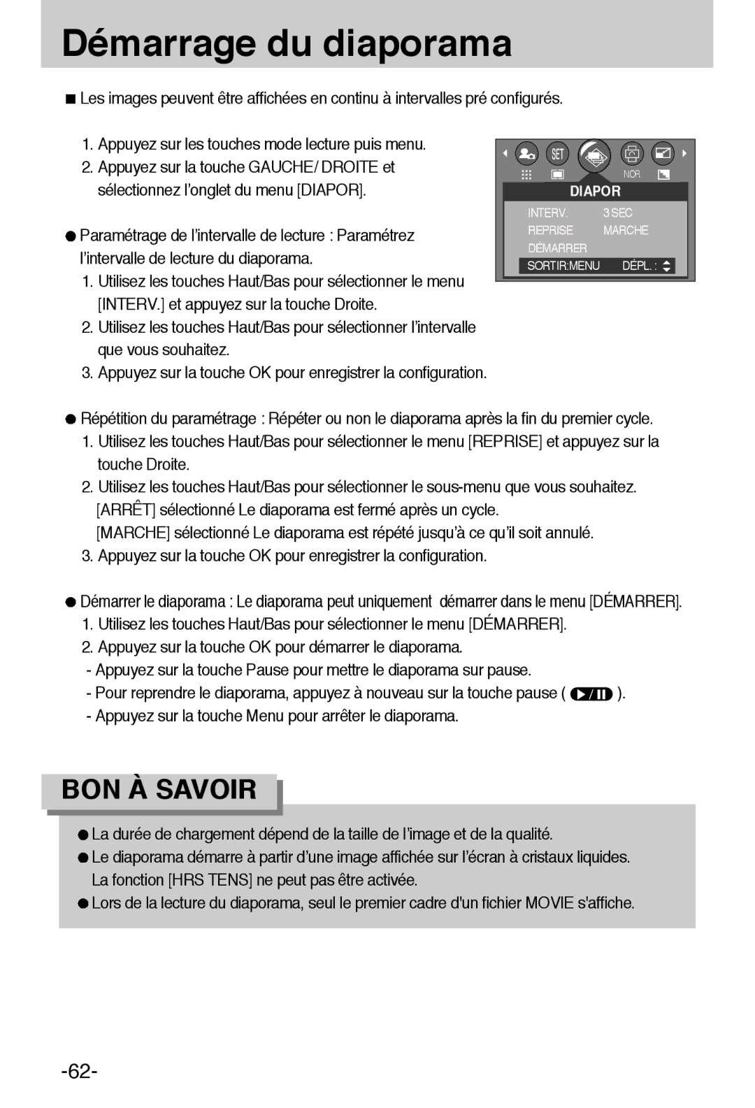 Samsung EC-A6ZZZSBA/E1 manual Démarrage du diaporama 