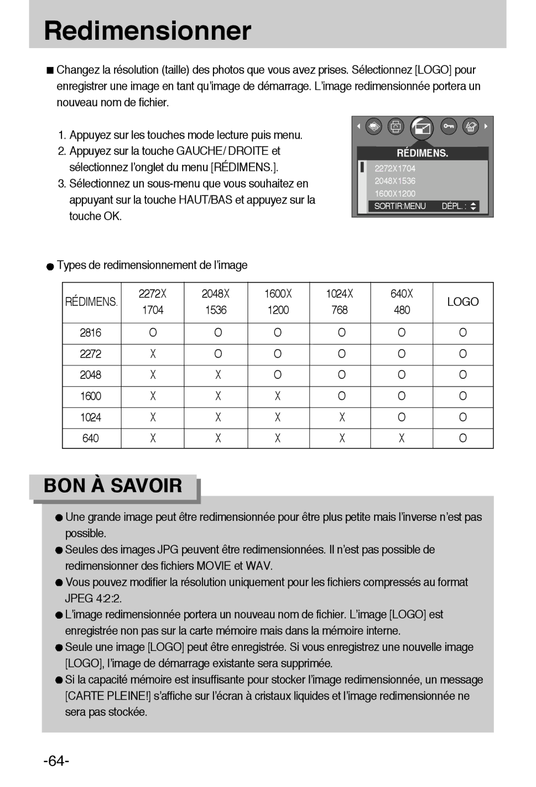 Samsung EC-A6ZZZSBA/E1 manual Redimensionner, Types de redimensionnement de l’image, 2272X 2048X 1600X 1024X 640X, Logo 