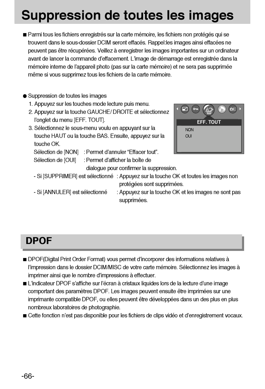 Samsung EC-A6ZZZSBA/E1 manual Suppression de toutes les images, ’onglet du menu EFF. Tout 