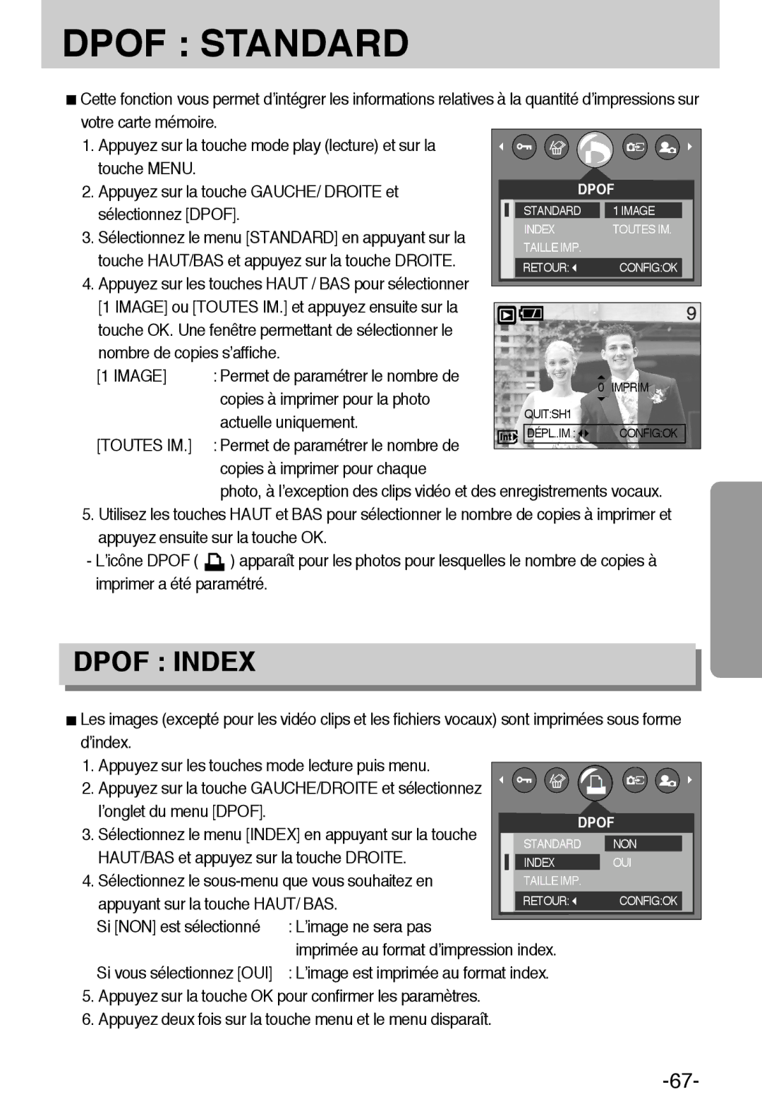 Samsung EC-A6ZZZSBA/E1 manual Sélectionnez Dpof, Nombre de copies s’affiche, Permet de paramétrer le nombre de 