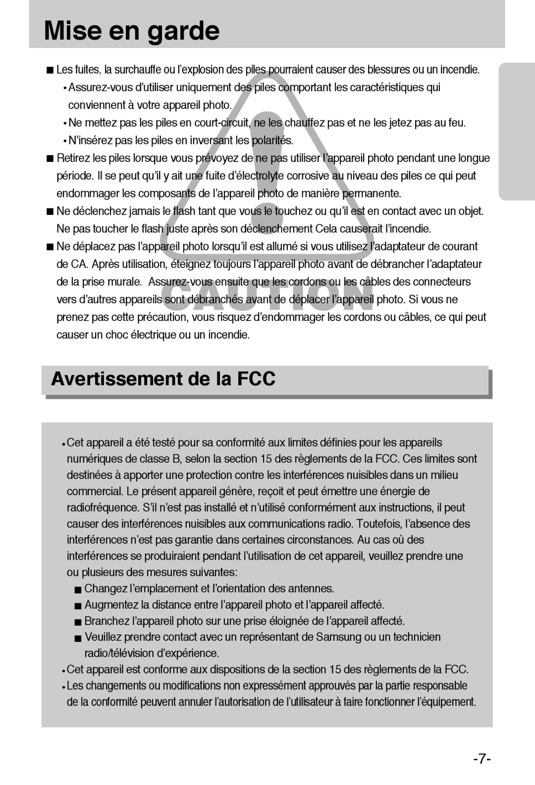 Samsung EC-A6ZZZSBA/E1 manual Mise en garde, Avertissement de la FCC 