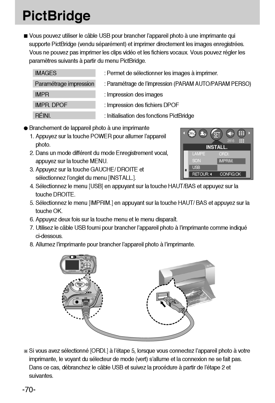 Samsung EC-A6ZZZSBA/E1 manual PictBridge, Images, Impression des images, Photo, Appuyez sur la touche Menu 