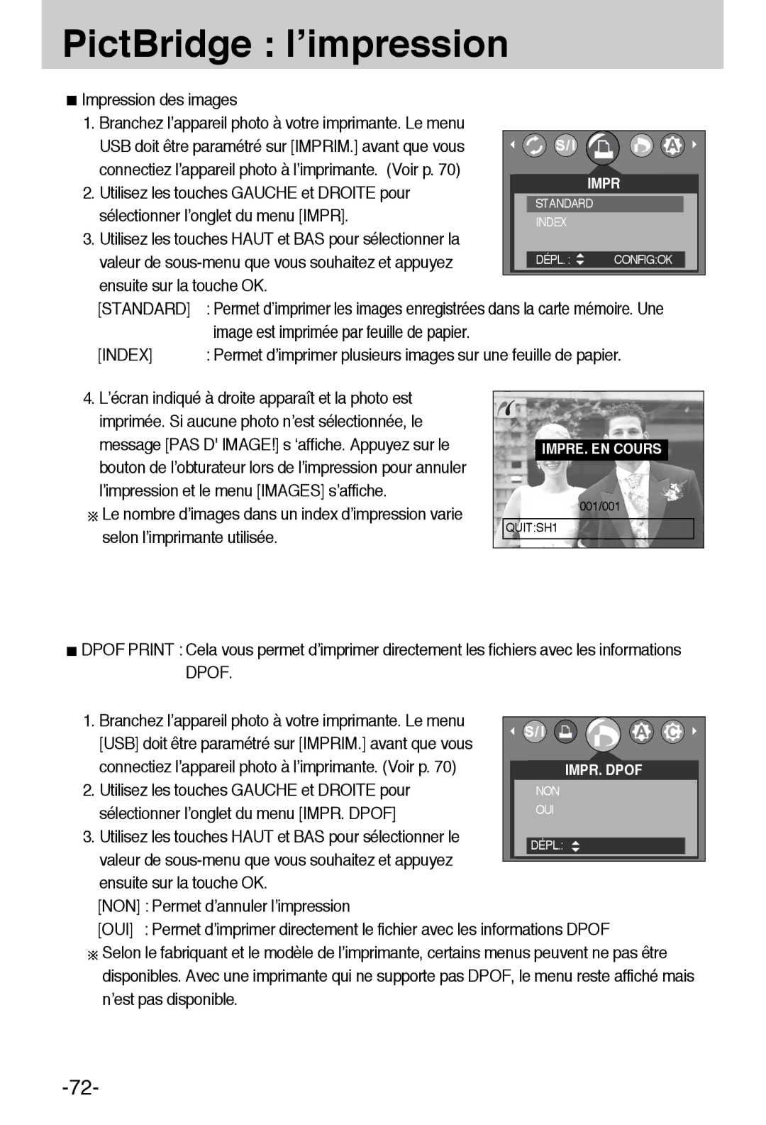 Samsung EC-A6ZZZSBA/E1 manual PictBridge l’impression, Sélectionner l’onglet du menu Impr, Standard 