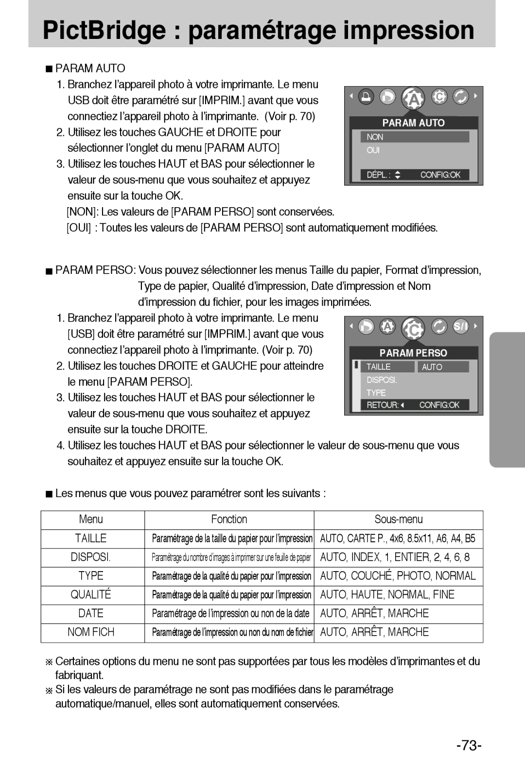 Samsung EC-A6ZZZSBA/E1 manual PictBridge paramétrage impression, Sélectionner l’onglet du menu Param Auto 