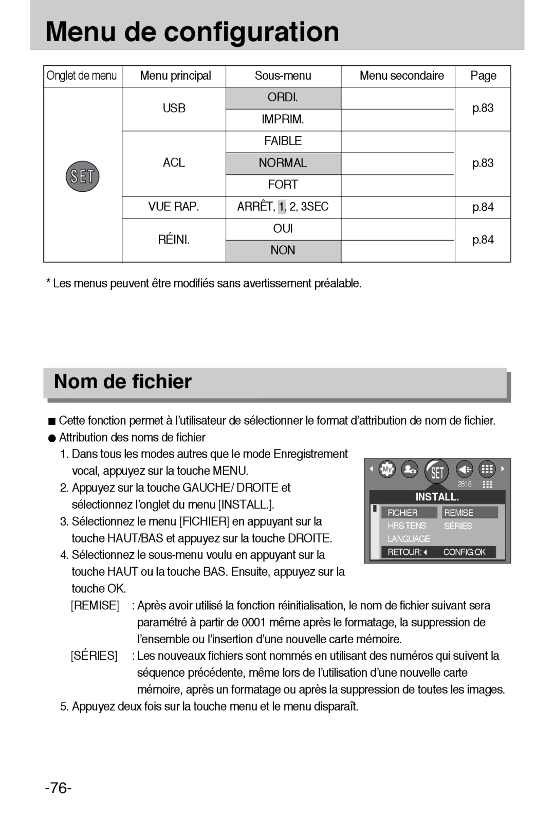 Samsung EC-A6ZZZSBA/E1 manual Nom de fichier, Ordi Imprim, Réini OUI NON 