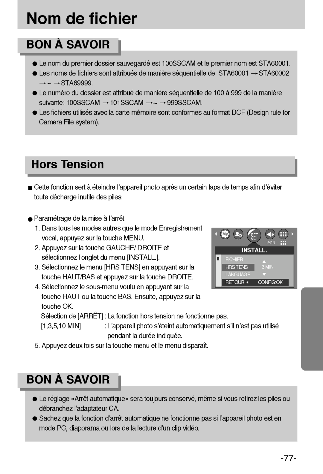 Samsung EC-A6ZZZSBA/E1 manual Nom de fichier, Hors Tension, Pendant la durée indiquée 