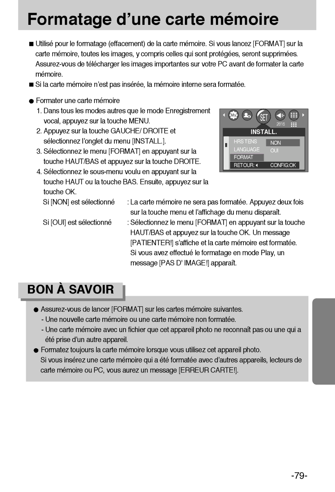 Samsung EC-A6ZZZSBA/E1 manual Formatage d’une carte mémoire, Si OUI est sélectionné 