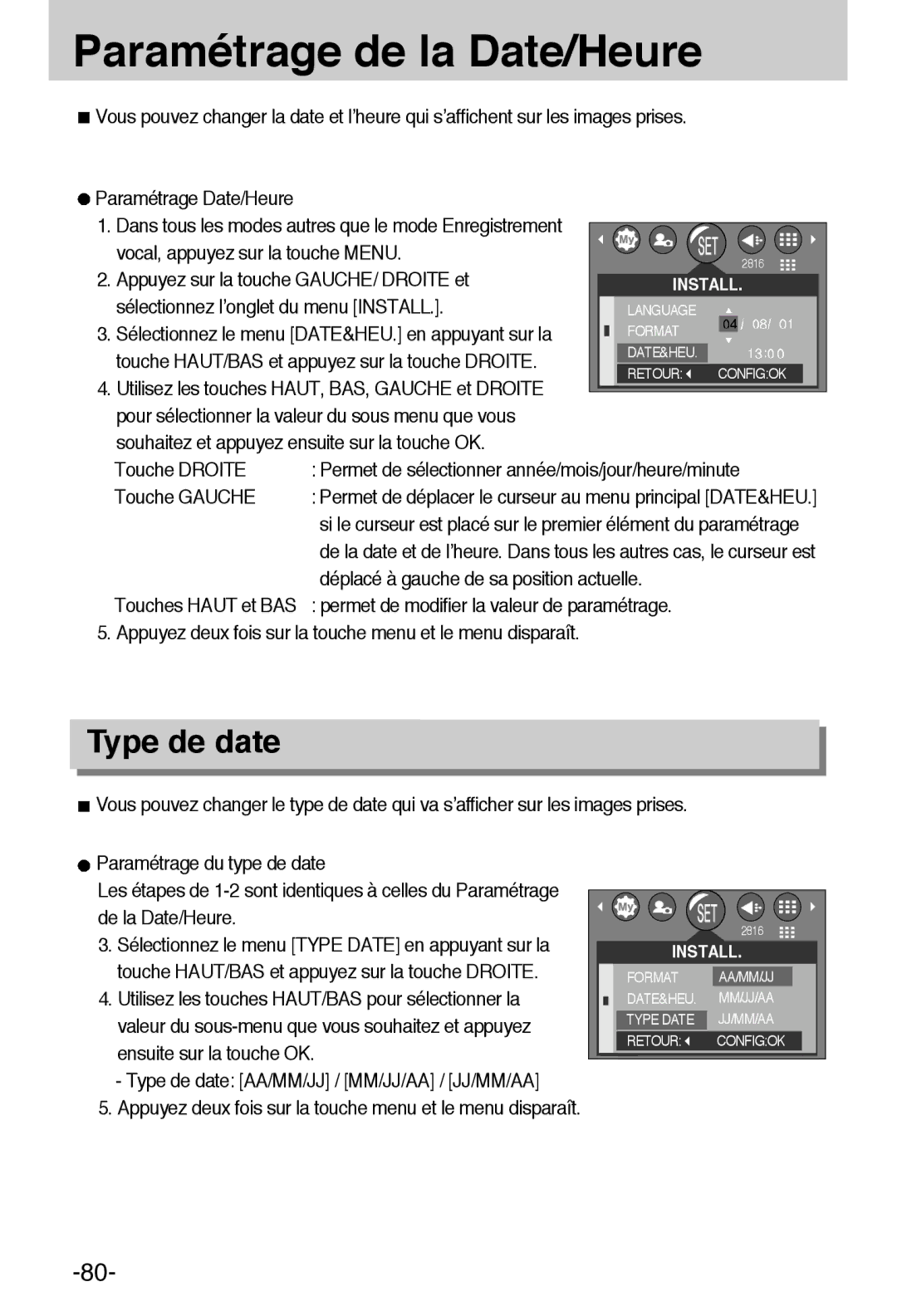 Samsung EC-A6ZZZSBA/E1 manual Paramétrage de la Date/Heure, Type de date, Déplacé à gauche de sa position actuelle 