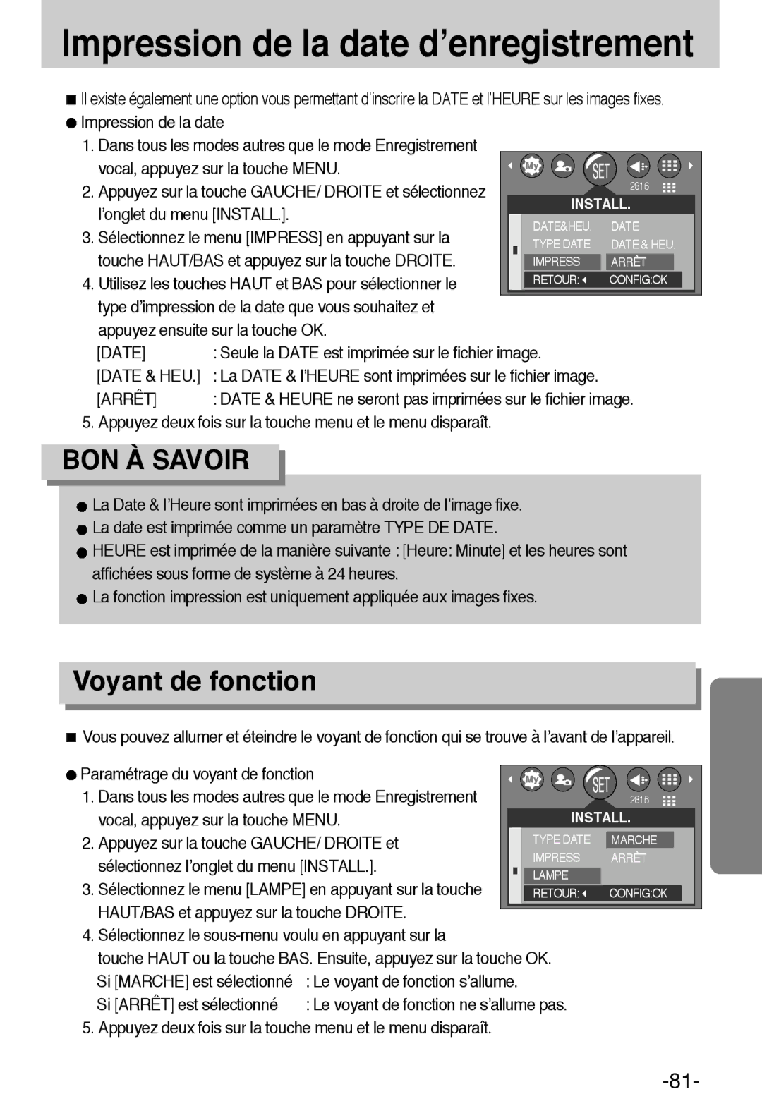 Samsung EC-A6ZZZSBA/E1 manual Voyant de fonction, Date & HEU, Arrêt 