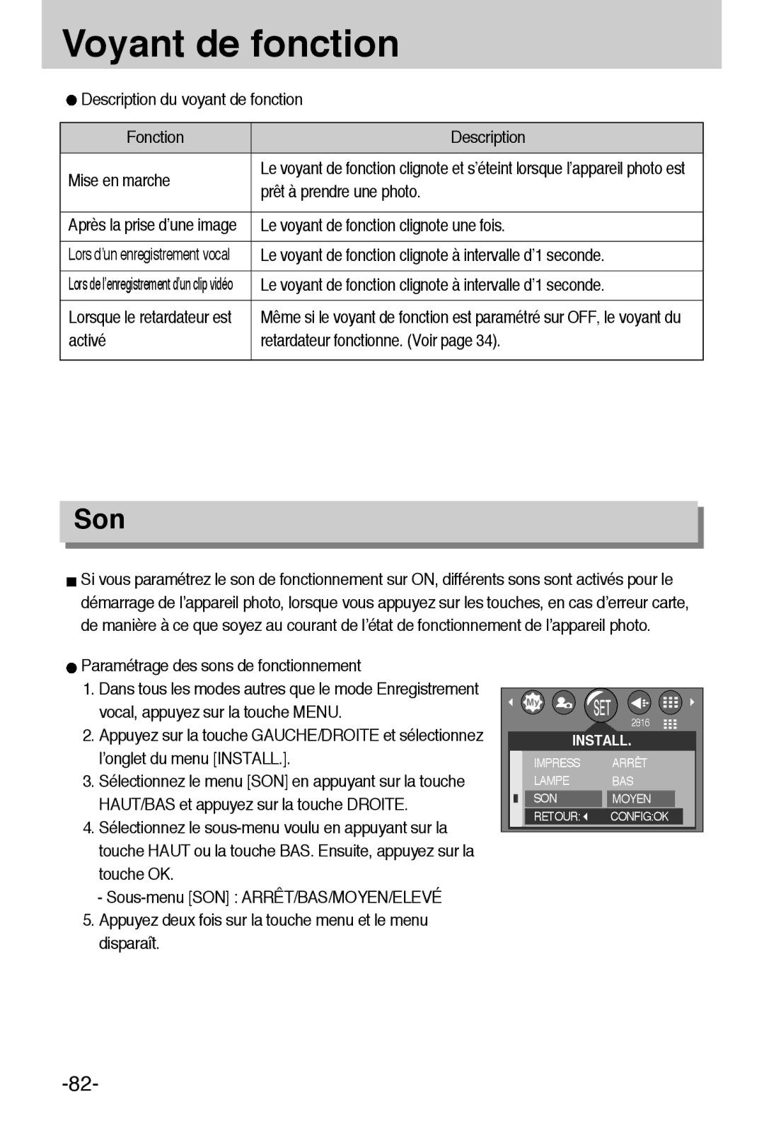 Samsung EC-A6ZZZSBA/E1 manual Voyant de fonction, Son 