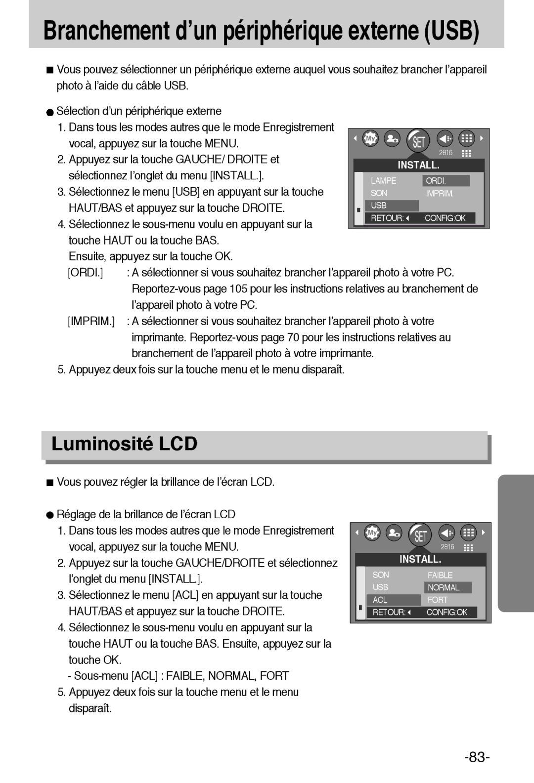 Samsung EC-A6ZZZSBA/E1 manual Luminosité LCD, Ordi, ’appareil photo à votre PC 