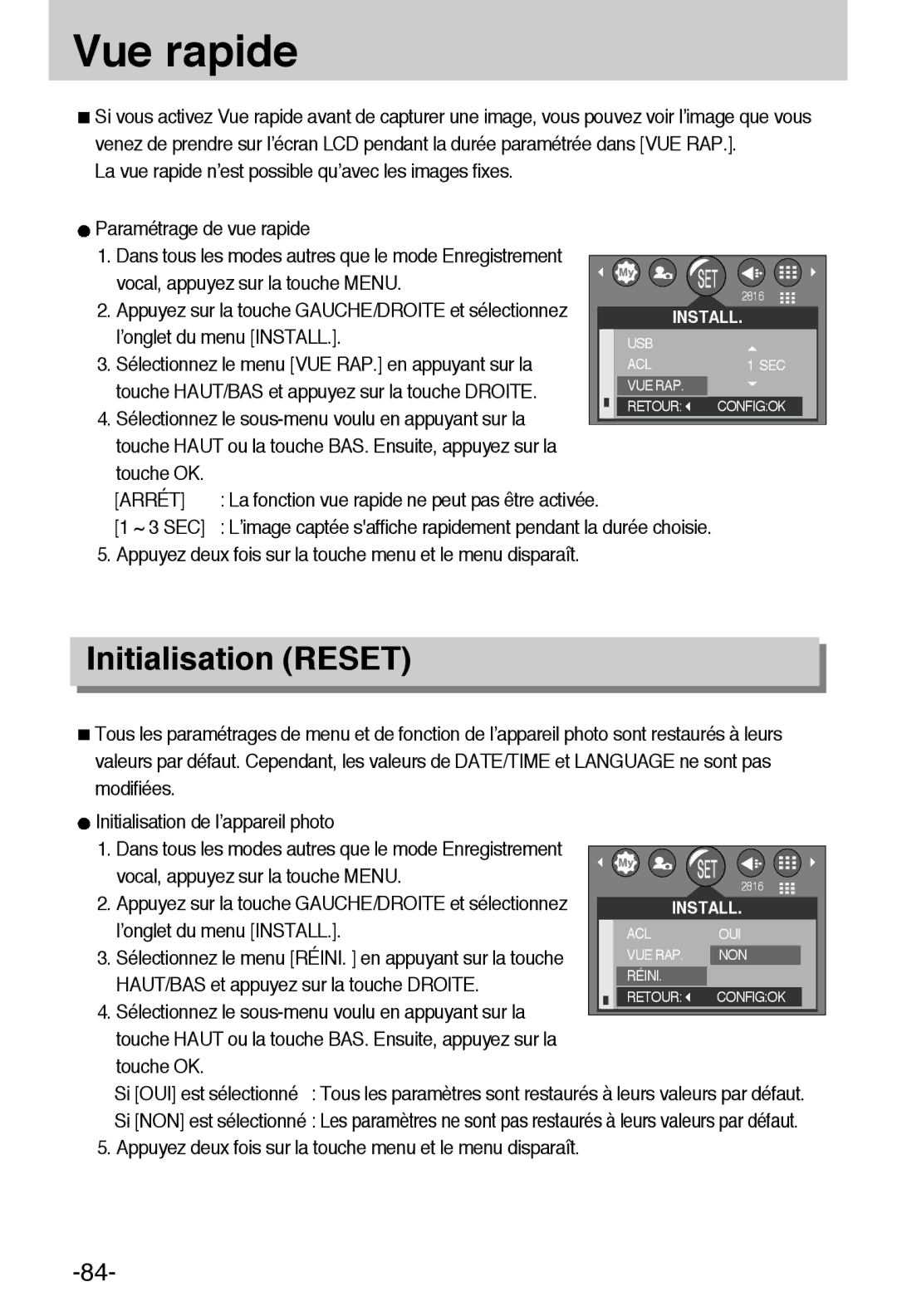 Samsung EC-A6ZZZSBA/E1 Vue rapide, Initialisation Reset, Sélectionnez le menu VUE RAP. en appuyant sur la, Arrét, ~ 3 SEC 