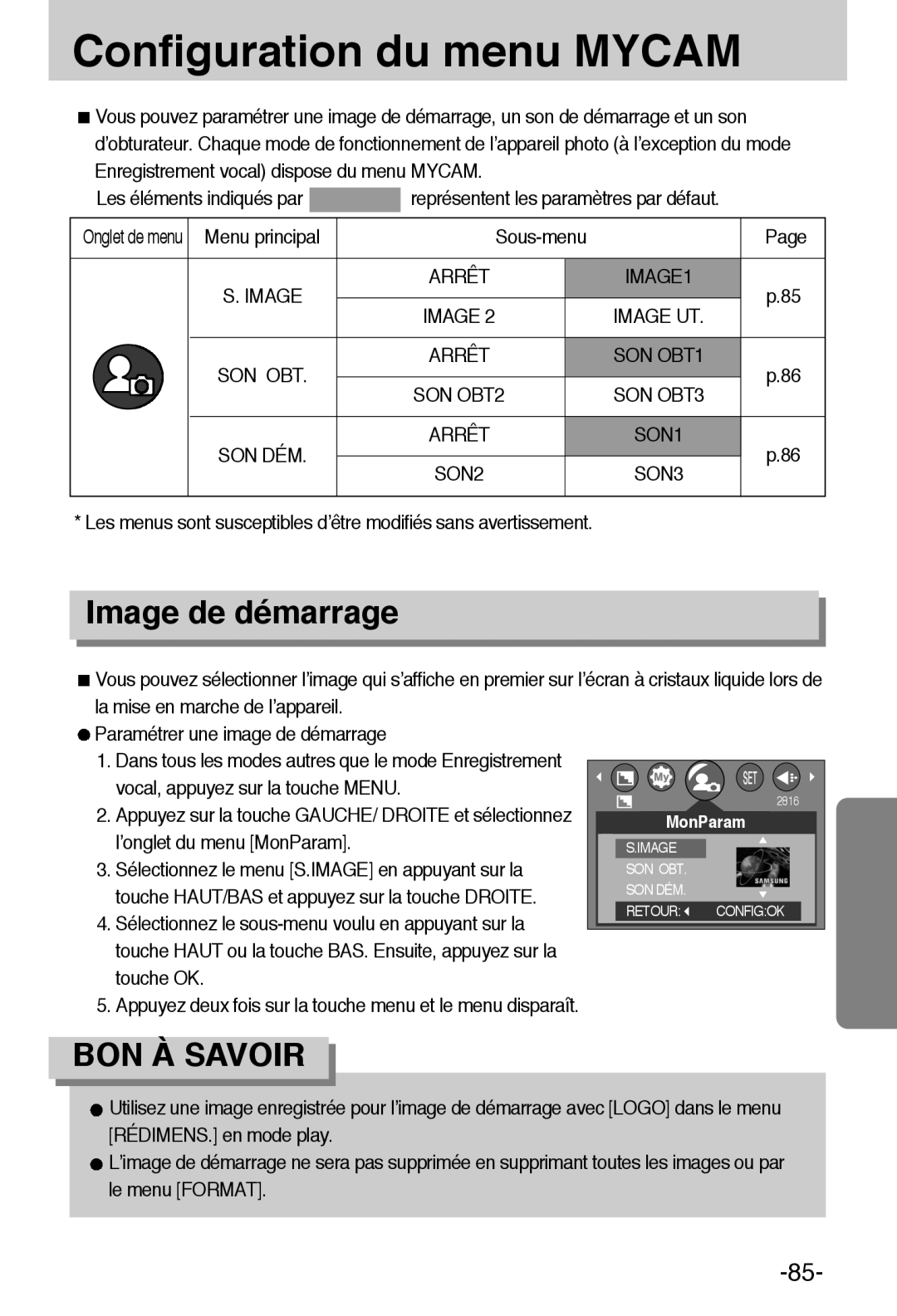 Samsung EC-A6ZZZSBA/E1 manual Configuration du menu Mycam, Image de démarrage, Image UT SON OBT, SON OBT1, SON OBT3 